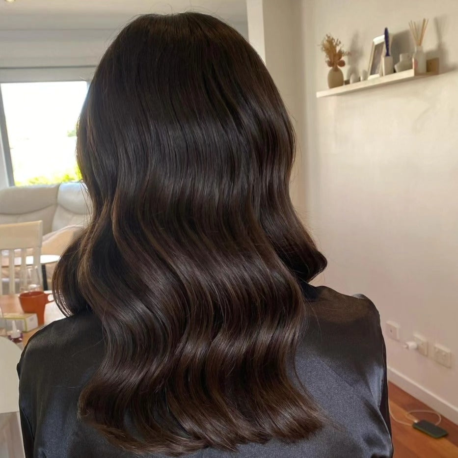Glossy, smooth dark brunette waves – Central Coast mobile hairdresser