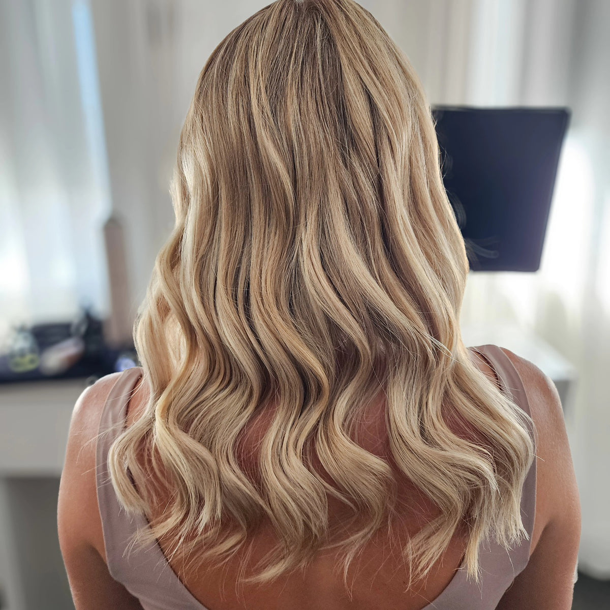 Soft bronde balayage waves by NED.K HAIR, mobile hairdresser Central Coast NSW