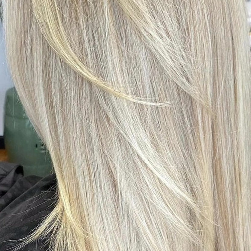 Silky platinum blonde close-up by NED.K HAIR, mobile hairdresser Central Coast NSW